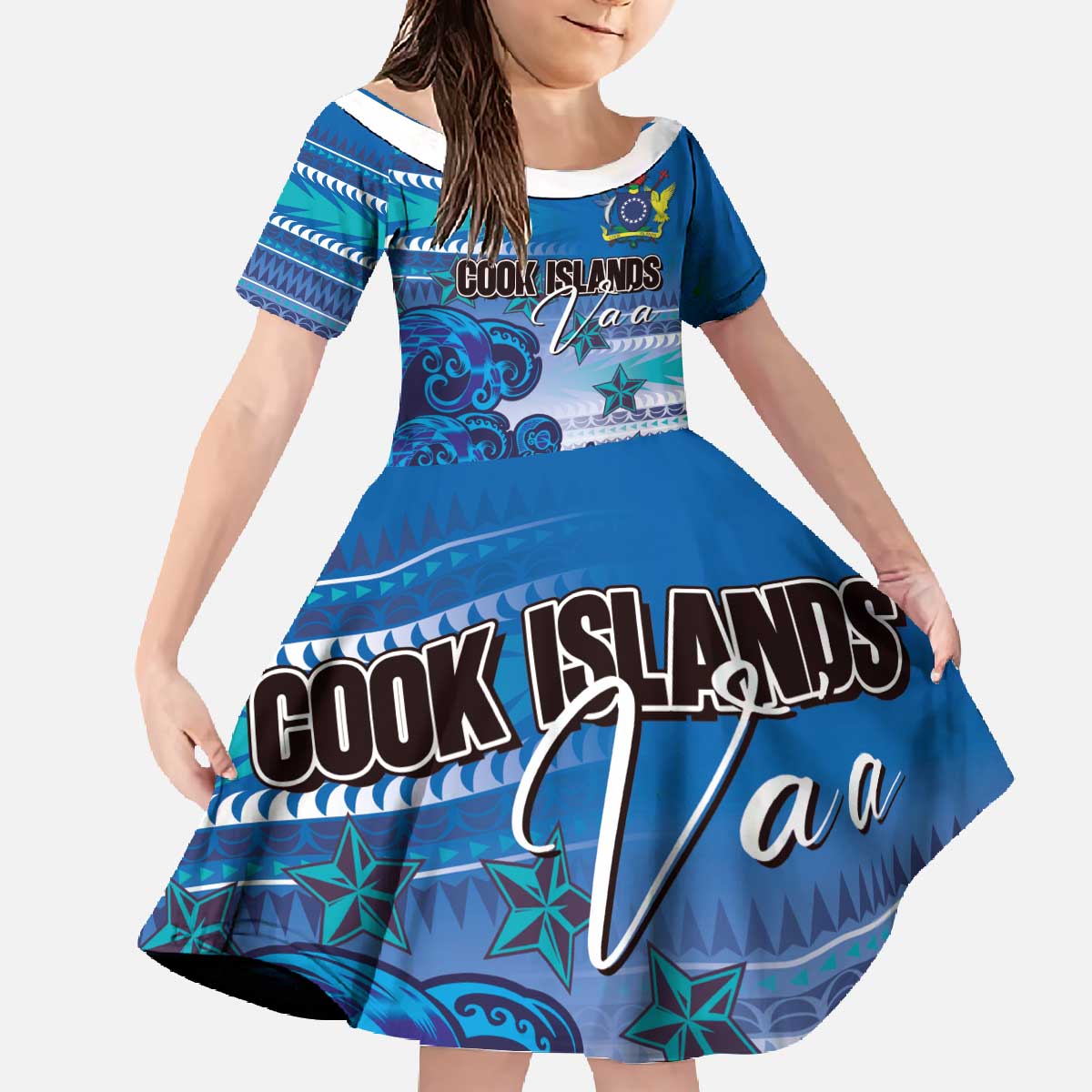 Personalised Cook Islands Va'a Race Family Matching Off The Shoulder Long Sleeve Dress and Hawaiian Shirt Te Tatau Tattoos Sporty Style Light Blue Color - Polynesian Pride