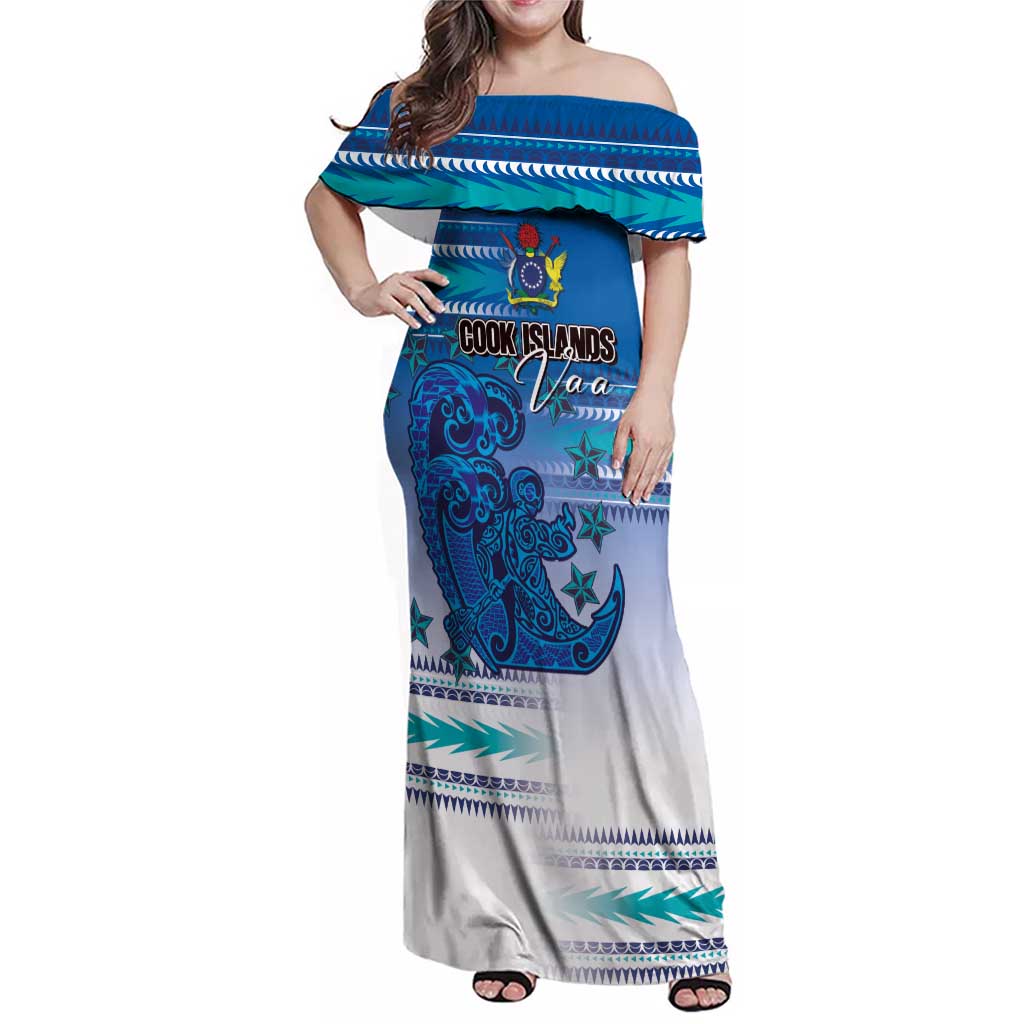 Personalised Cook Islands Va'a Race Family Matching Off Shoulder Maxi Dress and Hawaiian Shirt Te Tatau Tattoos Sporty Style Light Blue Color - Polynesian Pride