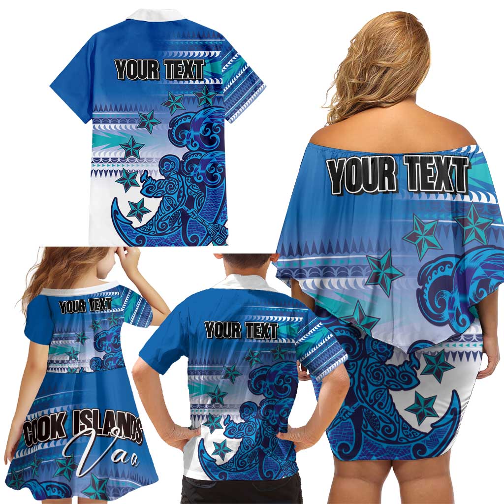 Personalised Cook Islands Va'a Race Family Matching Off Shoulder Short Dress and Hawaiian Shirt Te Tatau Tattoos Sporty Style Light Blue Color - Polynesian Pride
