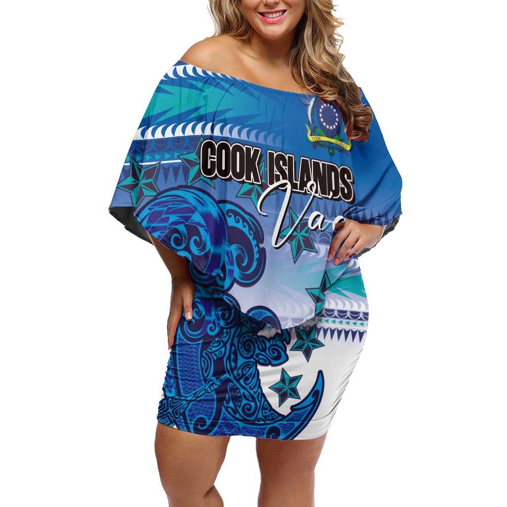 Personalised Cook Islands Va'a Race Family Matching Off Shoulder Short Dress and Hawaiian Shirt Te Tatau Tattoos Sporty Style Light Blue Color - Polynesian Pride