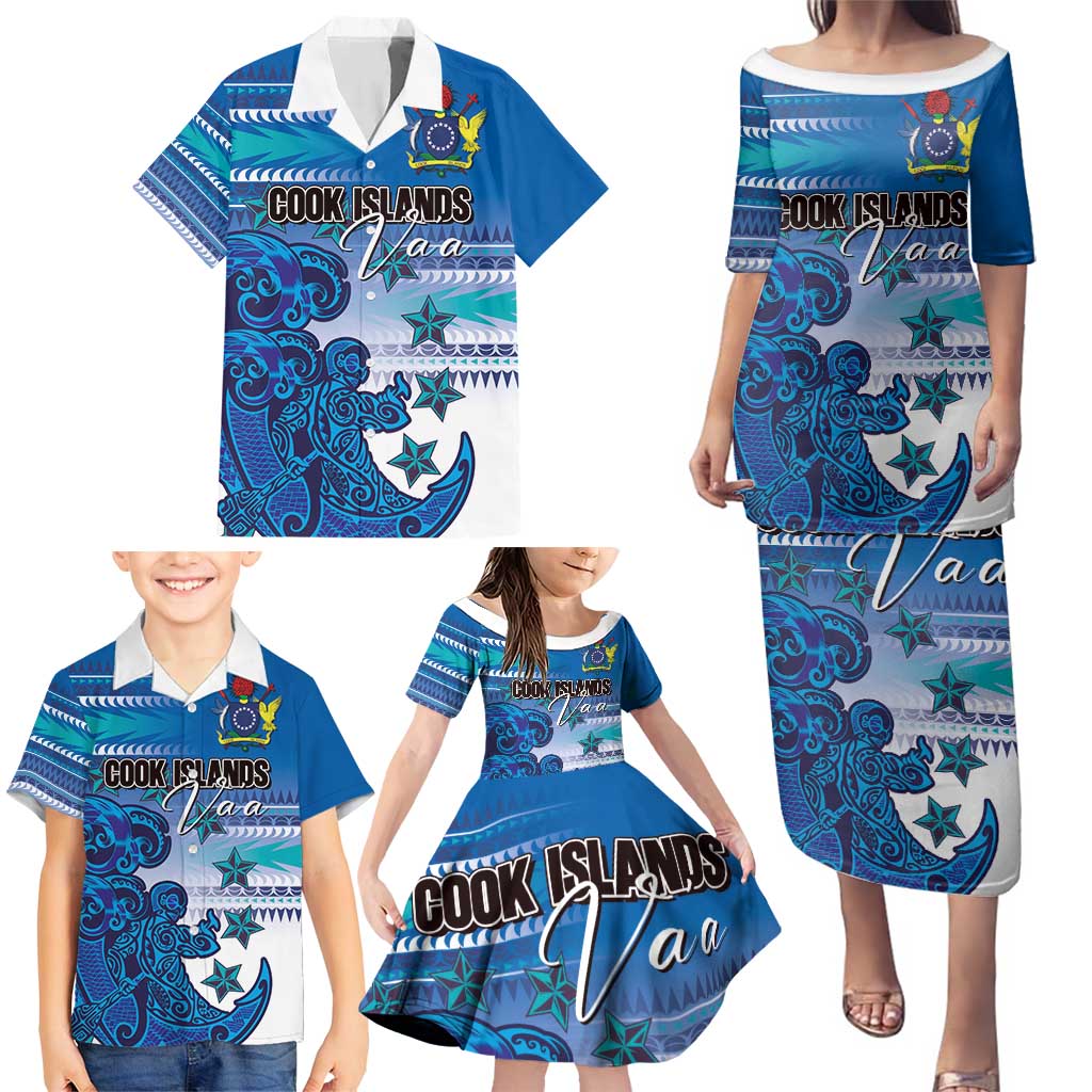 Personalised Cook Islands Va'a Race Family Matching Puletasi and Hawaiian Shirt Te Tatau Tattoos Sporty Style Light Blue Color - Polynesian Pride