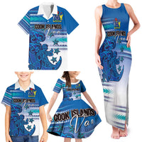 Personalised Cook Islands Va'a Race Family Matching Tank Maxi Dress and Hawaiian Shirt Te Tatau Tattoos Sporty Style Light Blue Color - Polynesian Pride