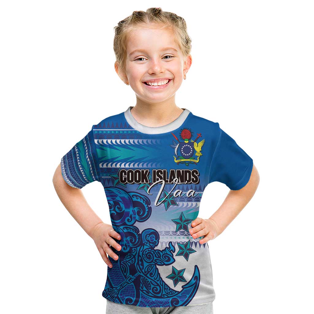 Personalised Cook Islands Va'a Race Kid T Shirt Te Tatau Tattoos Sporty Style Light Blue Color - Polynesian Pride