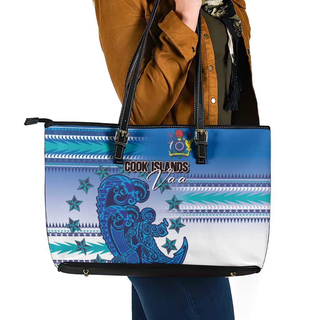Cook Islands Va'a Race Leather Tote Bag Te Tatau Tattoos Sporty Style Light Blue Color - Polynesian Pride