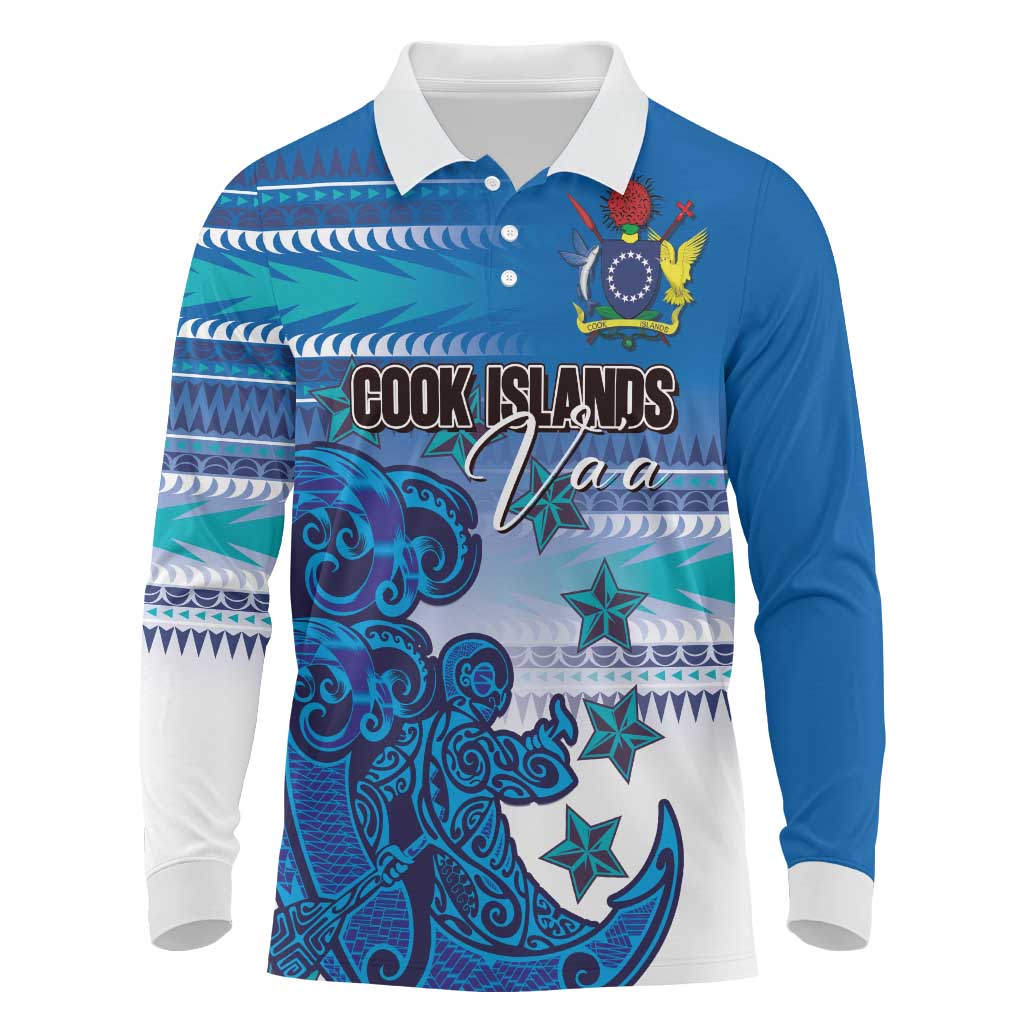 Personalised Cook Islands Va'a Race Long Sleeve Polo Shirt Te Tatau Tattoos Sporty Style Light Blue Color - Polynesian Pride