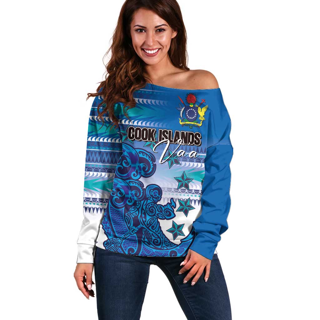 Personalised Cook Islands Va'a Race Off Shoulder Sweater Te Tatau Tattoos Sporty Style Light Blue Color - Polynesian Pride