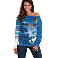 Personalised Cook Islands Va'a Race Off Shoulder Sweater Te Tatau Tattoos Sporty Style Light Blue Color - Polynesian Pride