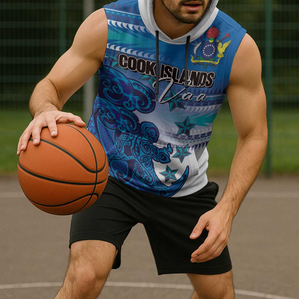 Personalised Cook Islands Va'a Race Sleeveless Hoodie Te Tatau Tattoos Sporty Style Light Blue Color - Polynesian Pride