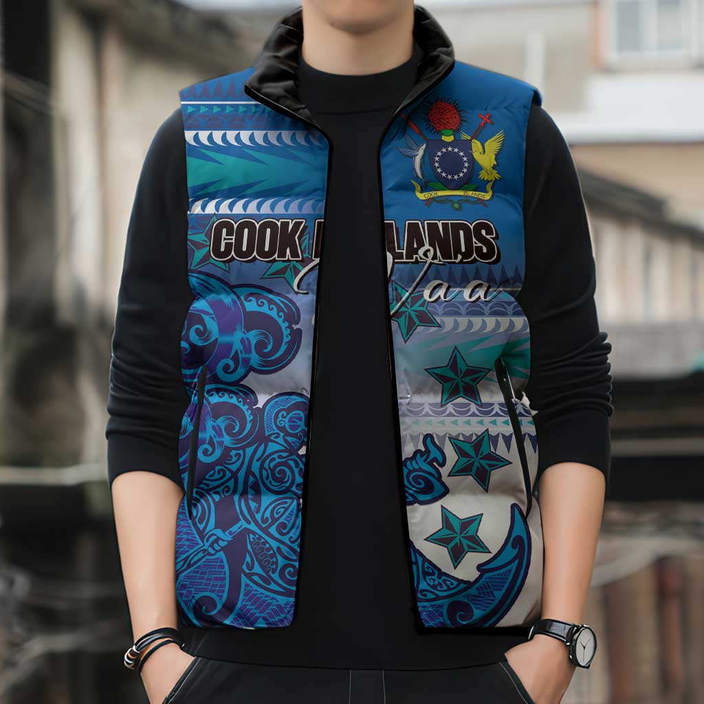 Personalised Cook Islands Va'a Race Sleeveless Puffer Jacket Te Tatau Tattoos Sporty Style Light Blue Color - Polynesian Pride