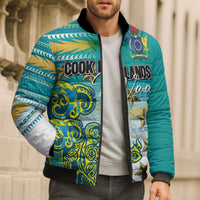 Personalised Cook Islands Va'a Race Bomber Puffer Jacket Te Tatau Tattoos Sporty Style Turquoise Color - Polynesian Pride