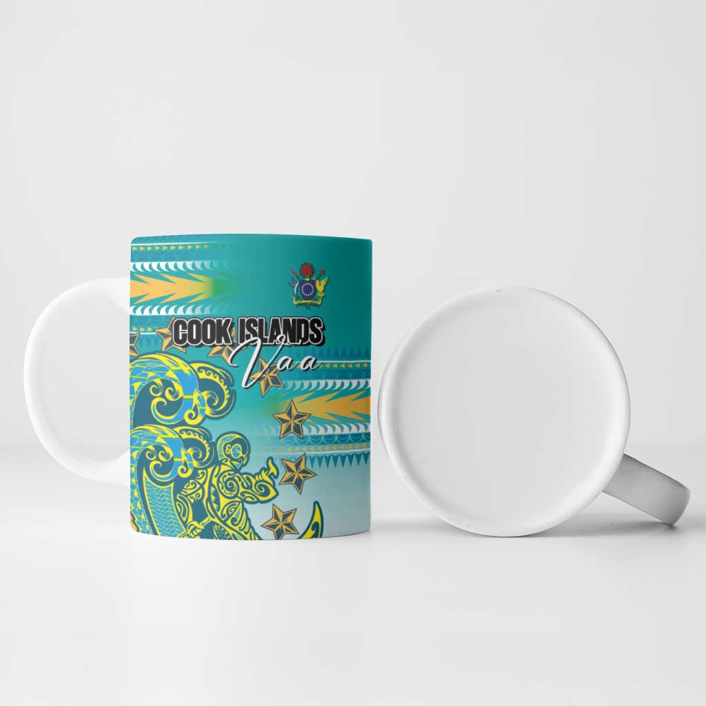 Personalised Cook Islands Va'a Race Ceramic Mug Te Tatau Tattoos Sporty Style Turquoise Color - Polynesian Pride