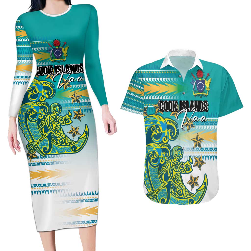 Personalised Cook Islands Va'a Race Couples Matching Long Sleeve Bodycon Dress and Hawaiian Shirt Te Tatau Tattoos Sporty Style Turquoise Color - Polynesian Pride