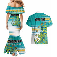 Personalised Cook Islands Va'a Race Couples Matching Mermaid Dress and Hawaiian Shirt Te Tatau Tattoos Sporty Style Turquoise Color - Polynesian Pride