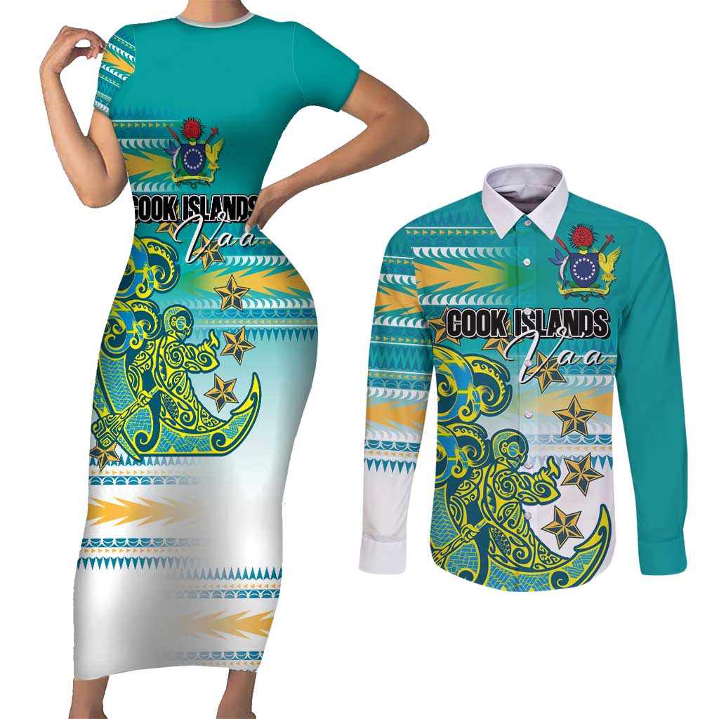 Personalised Cook Islands Va'a Race Couples Matching Short Sleeve Bodycon Dress and Long Sleeve Button Shirt Te Tatau Tattoos Sporty Style Turquoise Color - Polynesian Pride