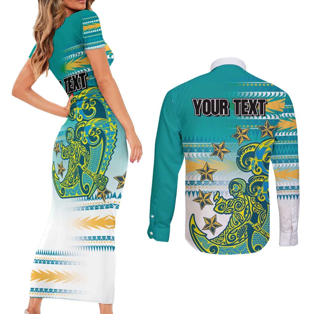 Personalised Cook Islands Va'a Race Couples Matching Short Sleeve Bodycon Dress and Long Sleeve Button Shirt Te Tatau Tattoos Sporty Style Turquoise Color - Polynesian Pride