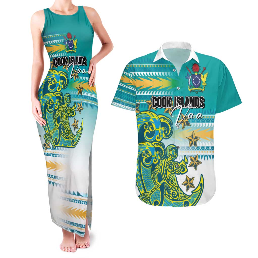 Personalised Cook Islands Va'a Race Couples Matching Tank Maxi Dress and Hawaiian Shirt Te Tatau Tattoos Sporty Style Turquoise Color - Polynesian Pride