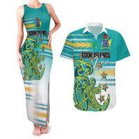 Personalised Cook Islands Va'a Race Couples Matching Tank Maxi Dress and Hawaiian Shirt Te Tatau Tattoos Sporty Style Turquoise Color - Polynesian Pride