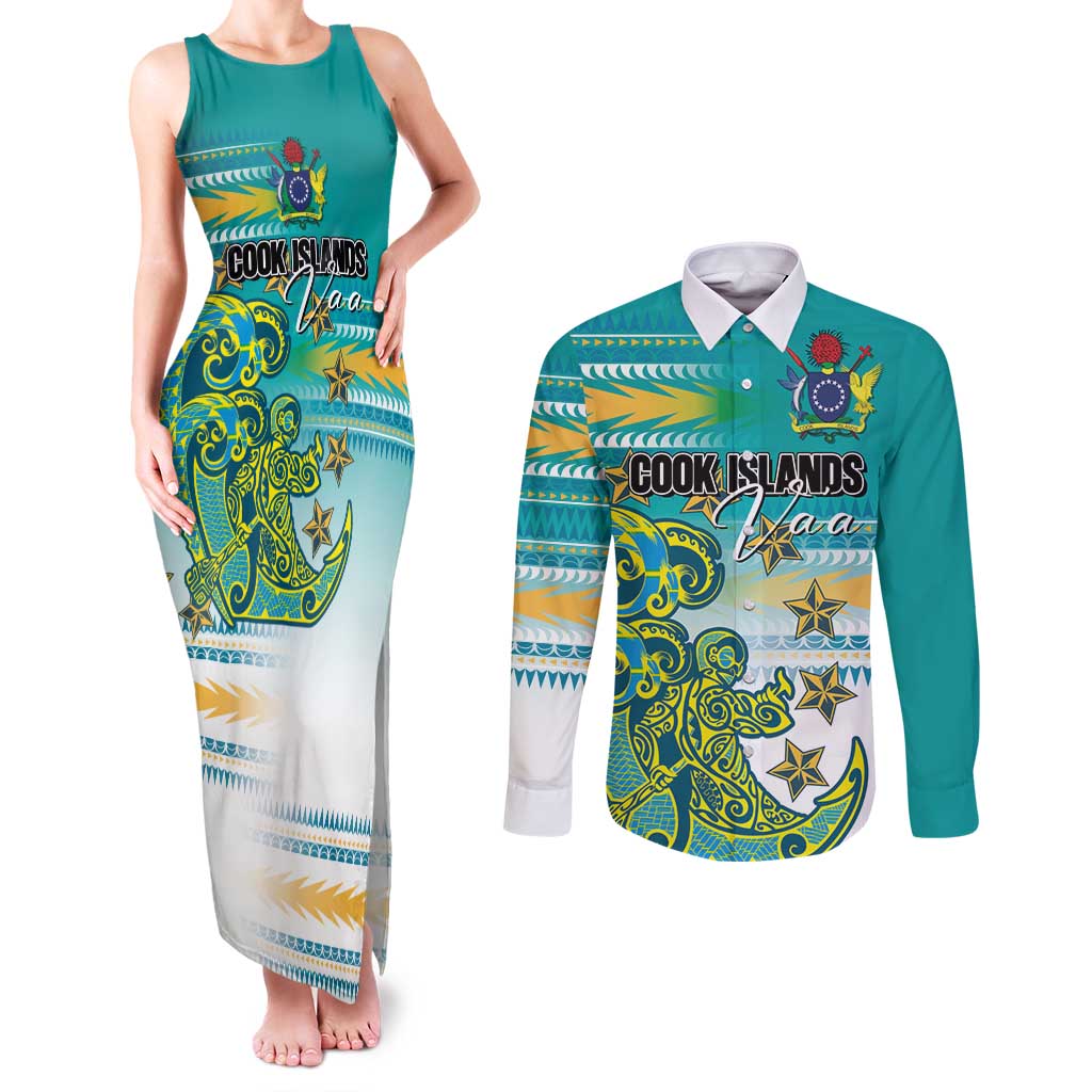 Personalised Cook Islands Va'a Race Couples Matching Tank Maxi Dress and Long Sleeve Button Shirt Te Tatau Tattoos Sporty Style Turquoise Color - Polynesian Pride