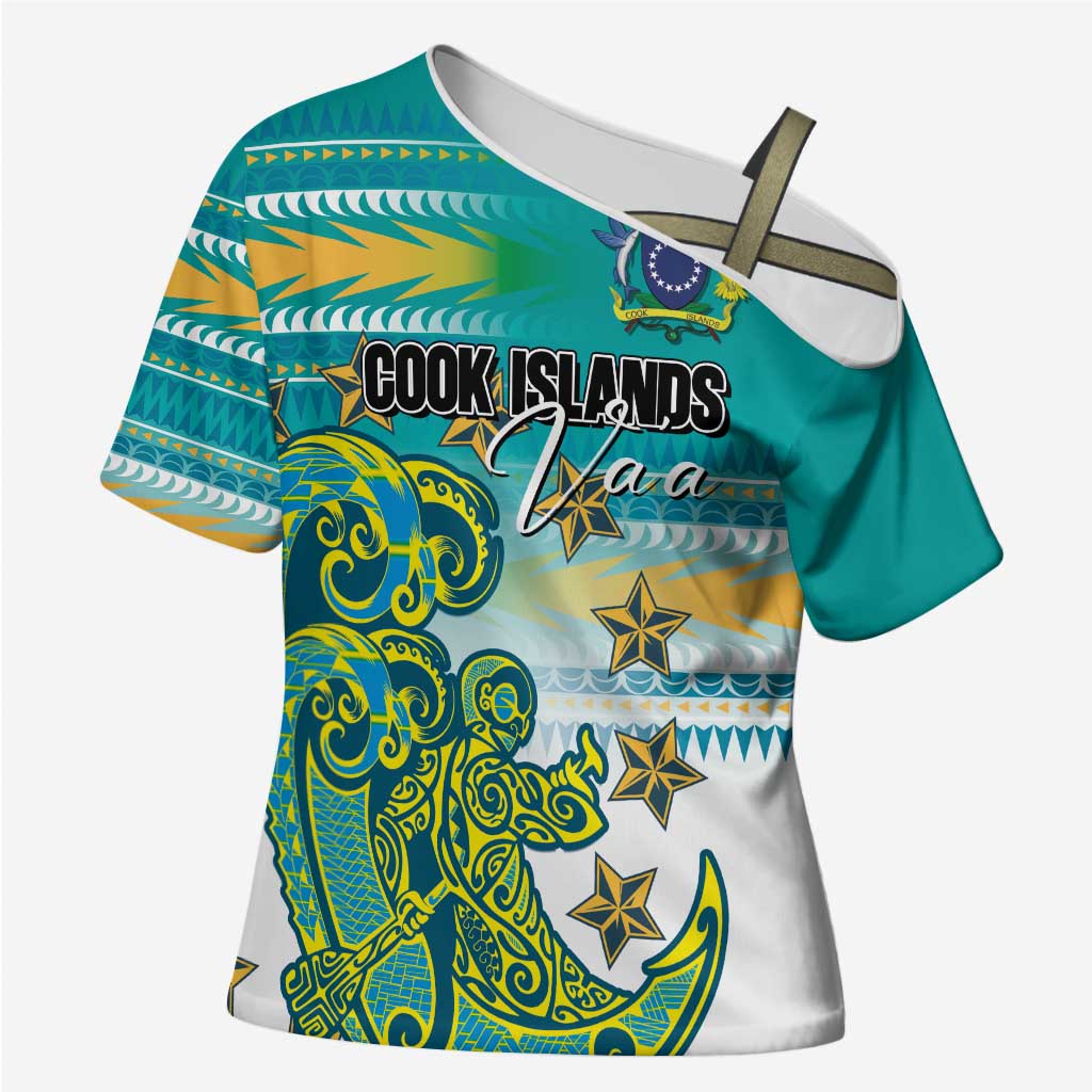 Personalised Cook Islands Va'a Race Cross Shoulder Shirt Te Tatau Tattoos Sporty Style Turquoise Color - Polynesian Pride