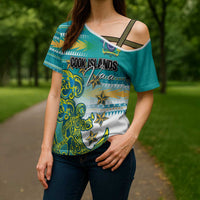 Personalised Cook Islands Va'a Race Cross Shoulder Shirt Te Tatau Tattoos Sporty Style Turquoise Color - Polynesian Pride