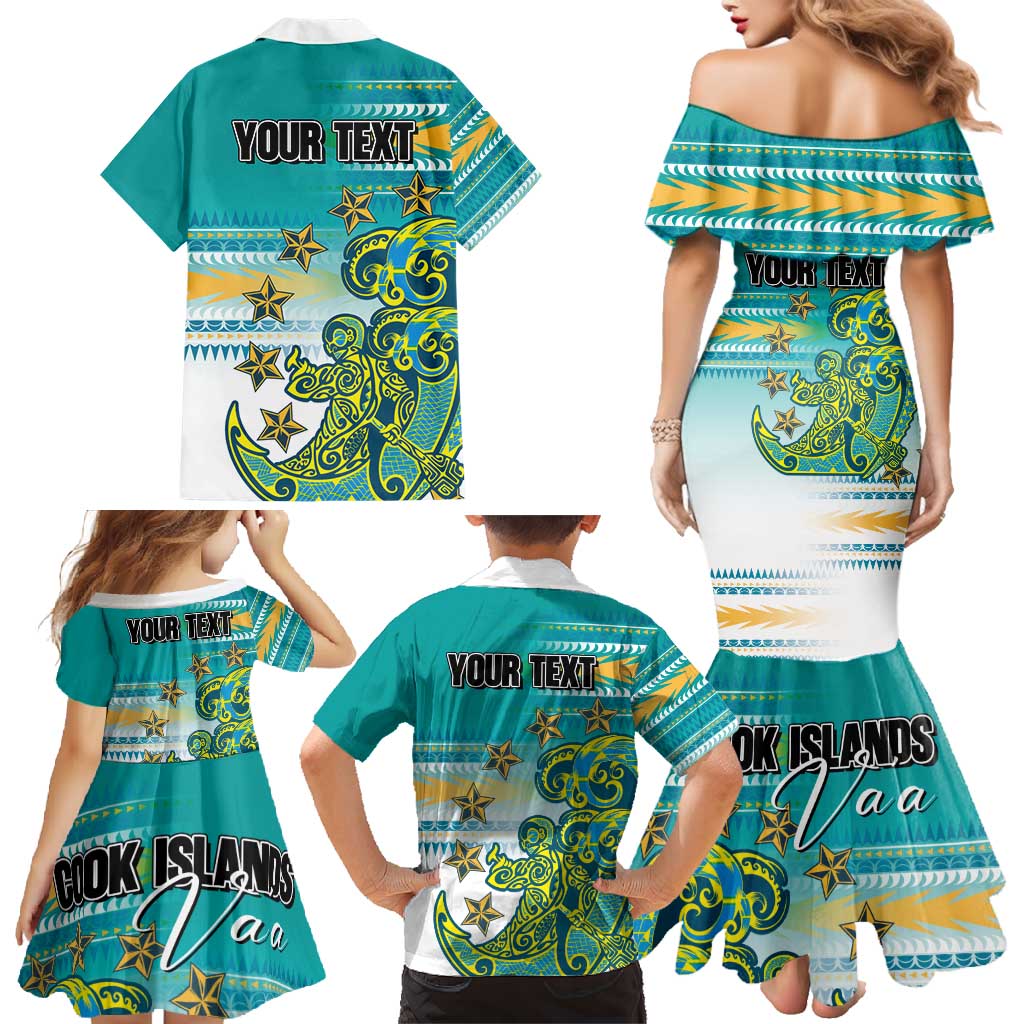 Personalised Cook Islands Va'a Race Family Matching Mermaid Dress and Hawaiian Shirt Te Tatau Tattoos Sporty Style Turquoise Color - Polynesian Pride