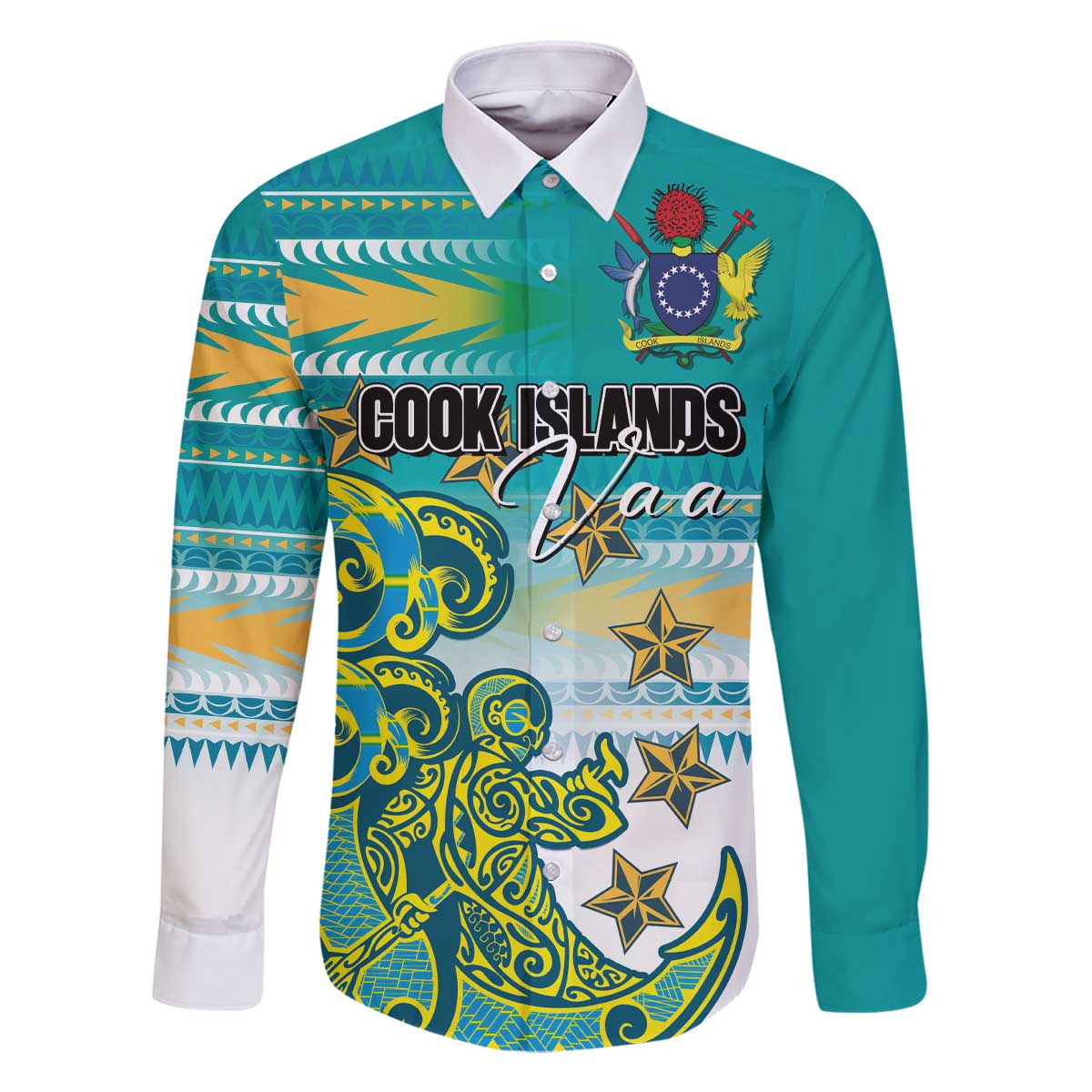 Personalised Cook Islands Va'a Race Family Matching Off The Shoulder Long Sleeve Dress and Hawaiian Shirt Te Tatau Tattoos Sporty Style Turquoise Color - Polynesian Pride