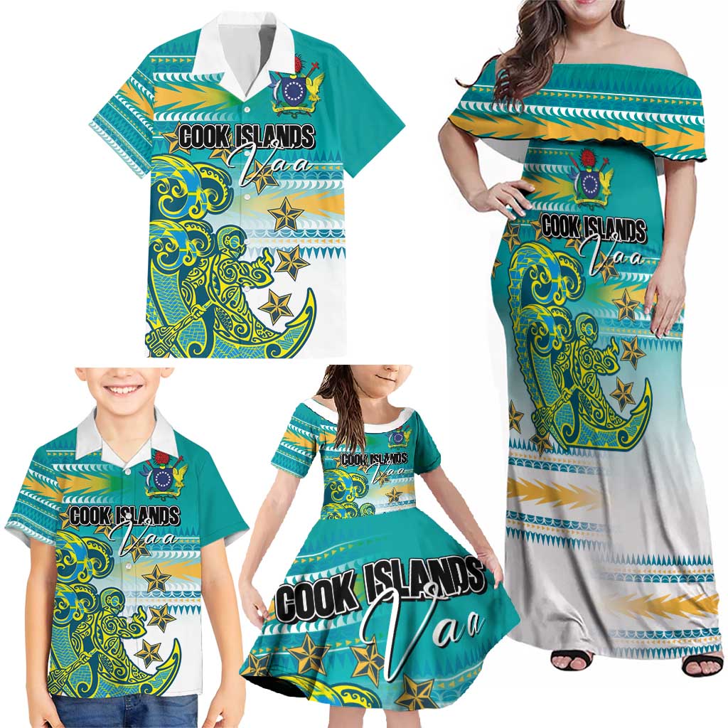 Personalised Cook Islands Va'a Race Family Matching Off Shoulder Maxi Dress and Hawaiian Shirt Te Tatau Tattoos Sporty Style Turquoise Color - Polynesian Pride