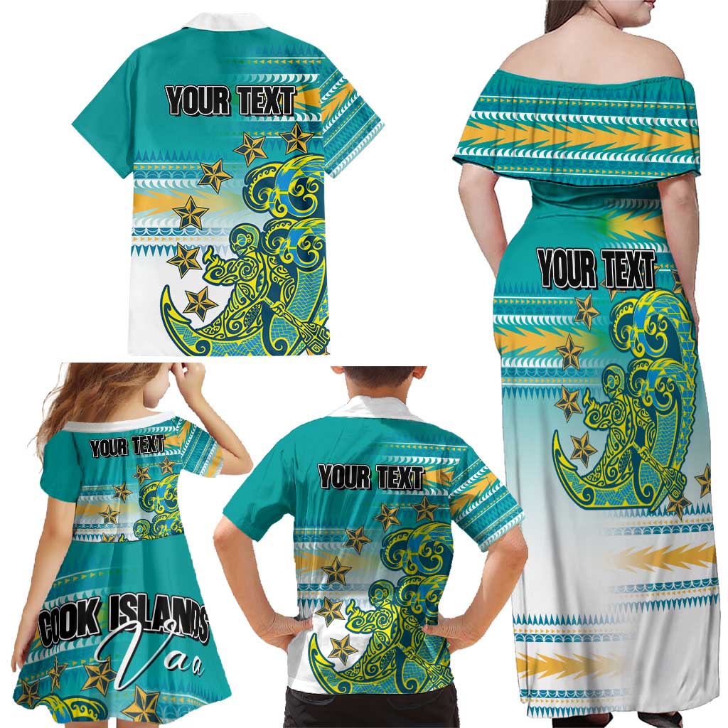 Personalised Cook Islands Va'a Race Family Matching Off Shoulder Maxi Dress and Hawaiian Shirt Te Tatau Tattoos Sporty Style Turquoise Color - Polynesian Pride