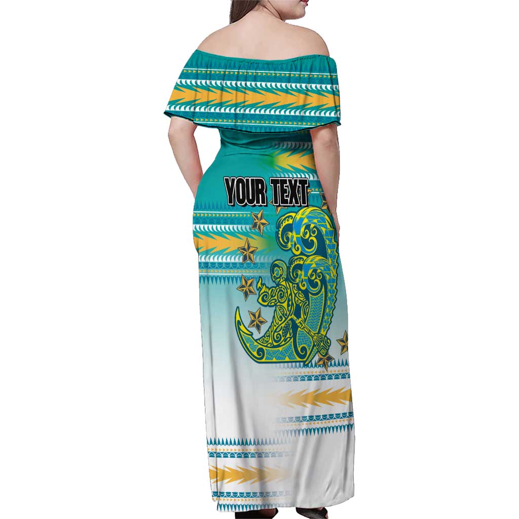 Personalised Cook Islands Va'a Race Family Matching Off Shoulder Maxi Dress and Hawaiian Shirt Te Tatau Tattoos Sporty Style Turquoise Color - Polynesian Pride