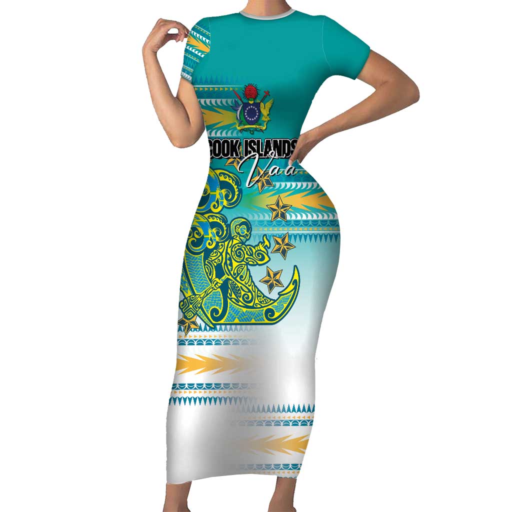 Personalised Cook Islands Va'a Race Family Matching Short Sleeve Bodycon Dress and Hawaiian Shirt Te Tatau Tattoos Sporty Style Turquoise Color - Polynesian Pride