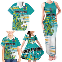 Personalised Cook Islands Va'a Race Family Matching Tank Maxi Dress and Hawaiian Shirt Te Tatau Tattoos Sporty Style Turquoise Color - Polynesian Pride