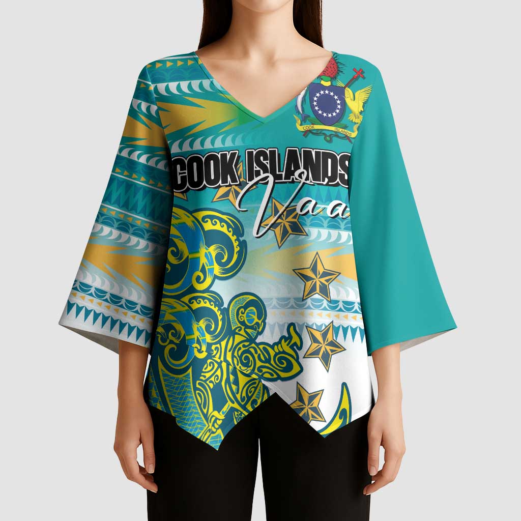 Personalised Cook Islands Va'a Race Kimono Sleeve Blouse Te Tatau Tattoos Sporty Style Turquoise Color - Polynesian Pride