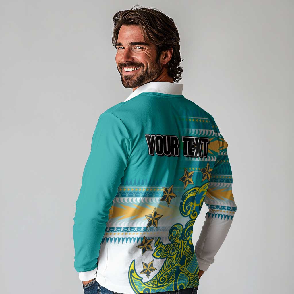 Personalised Cook Islands Va'a Race Long Sleeve Polo Shirt Te Tatau Tattoos Sporty Style Turquoise Color - Polynesian Pride