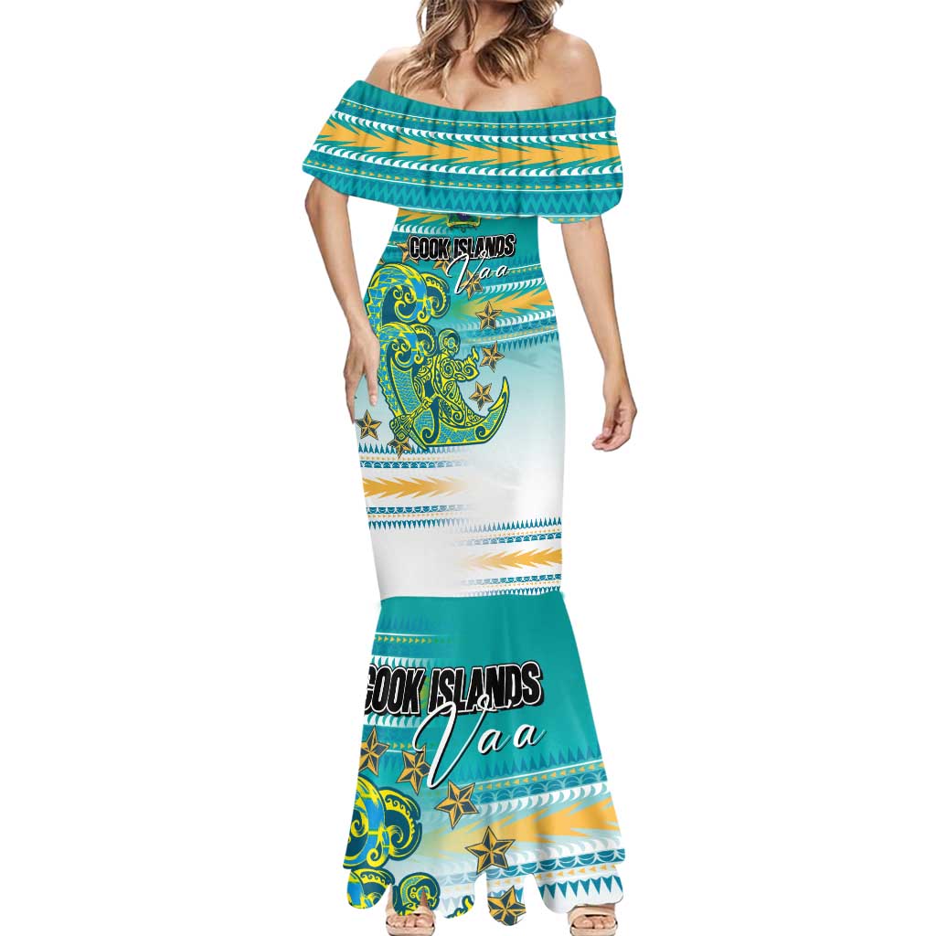 Personalised Cook Islands Va'a Race Mermaid Dress Te Tatau Tattoos Sporty Style Turquoise Color - Polynesian Pride