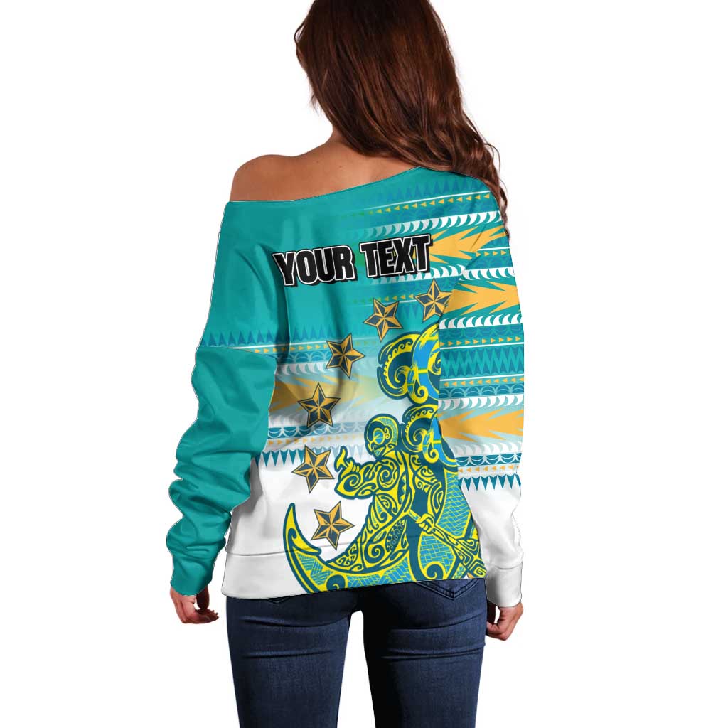 Personalised Cook Islands Va'a Race Off Shoulder Sweater Te Tatau Tattoos Sporty Style Turquoise Color - Polynesian Pride