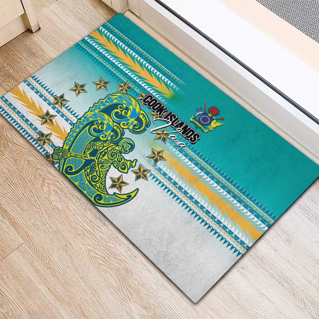 Cook Islands Va'a Race Rubber Doormat Te Tatau Tattoos Sporty Style Turquoise Color - Polynesian Pride