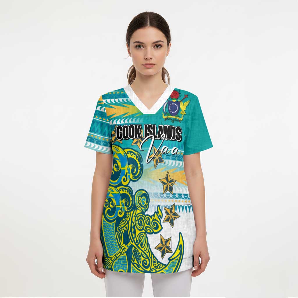 Personalised Cook Islands Va'a Race Scrub Top Te Tatau Tattoos Sporty Style Turquoise Color - Polynesian Pride