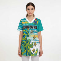 Personalised Cook Islands Va'a Race Scrub Top Te Tatau Tattoos Sporty Style Turquoise Color - Polynesian Pride