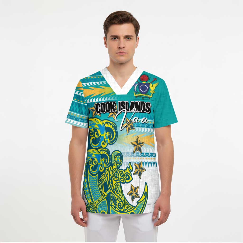 Personalised Cook Islands Va'a Race Scrub Top Te Tatau Tattoos Sporty Style Turquoise Color - Polynesian Pride