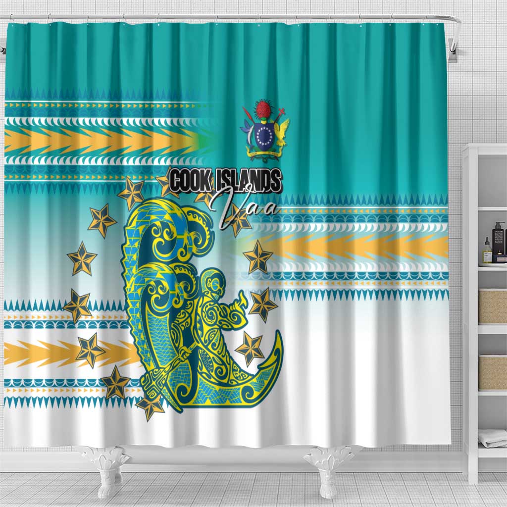 Cook Islands Va'a Race Shower Curtain Te Tatau Tattoos Sporty Style Turquoise Color - Polynesian Pride