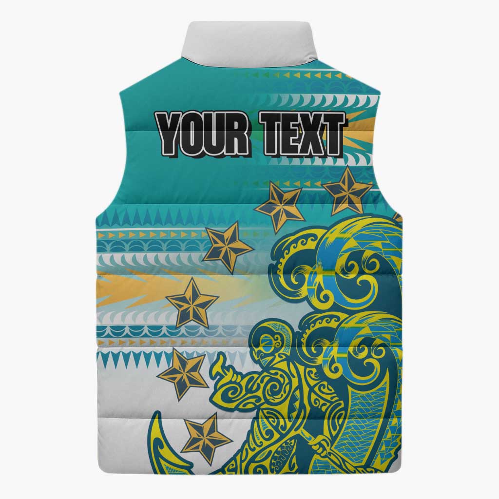Personalised Cook Islands Va'a Race Sleeveless Puffer Jacket Te Tatau Tattoos Sporty Style Turquoise Color - Polynesian Pride