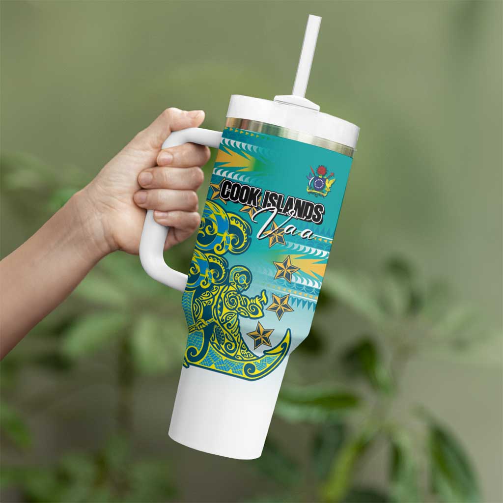 Personalised Cook Islands Va'a Race Tumbler With Handle Te Tatau Tattoos Sporty Style Turquoise Color - Polynesian Pride