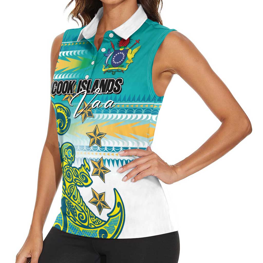 Personalised Cook Islands Va'a Race Women Sleeveless Polo Shirt Te Tatau Tattoos Sporty Style Turquoise Color - Polynesian Pride