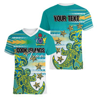 Personalised Cook Islands Va'a Race Women V-Neck T-Shirt Te Tatau Tattoos Sporty Style Turquoise Color - Polynesian Pride