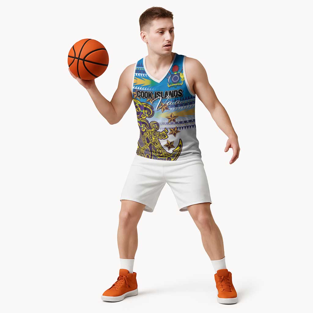 Personalised Cook Islands Va'a Race Basketball Jersey Te Tatau Tattoos Sporty Style Glory Blue Color - Polynesian Pride