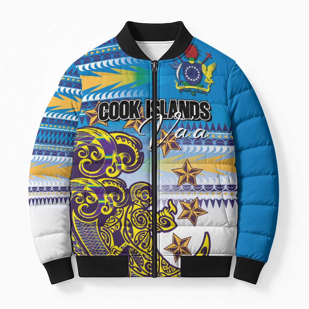 Personalised Cook Islands Va'a Race Bomber Puffer Jacket Te Tatau Tattoos Sporty Style Glory Blue Color - Polynesian Pride