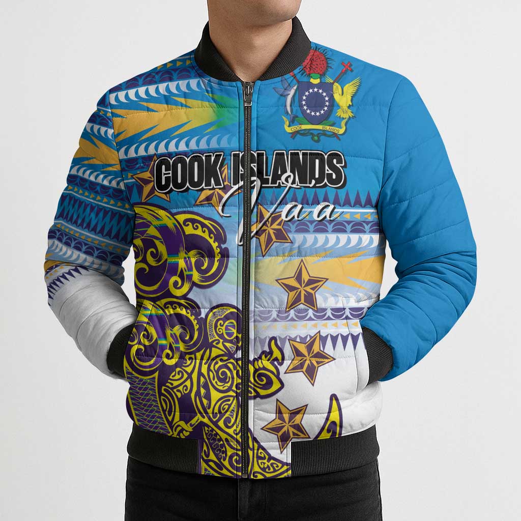 Personalised Cook Islands Va'a Race Bomber Puffer Jacket Te Tatau Tattoos Sporty Style Glory Blue Color - Polynesian Pride