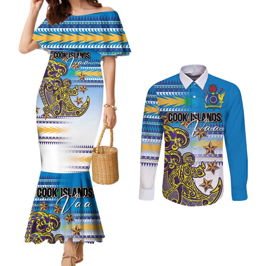 Personalised Cook Islands Va'a Race Couples Matching Mermaid Dress and Long Sleeve Button Shirt Te Tatau Tattoos Sporty Style Glory Blue Color - Polynesian Pride