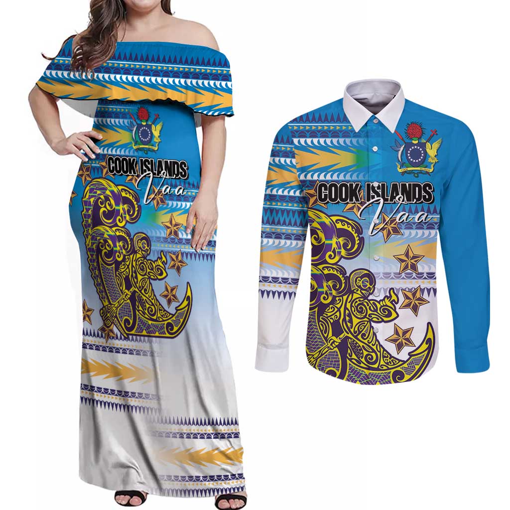 Personalised Cook Islands Va'a Race Couples Matching Off Shoulder Maxi Dress and Long Sleeve Button Shirt Te Tatau Tattoos Sporty Style Glory Blue Color - Polynesian Pride