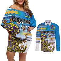 Personalised Cook Islands Va'a Race Couples Matching Off Shoulder Short Dress and Long Sleeve Button Shirt Te Tatau Tattoos Sporty Style Glory Blue Color - Polynesian Pride